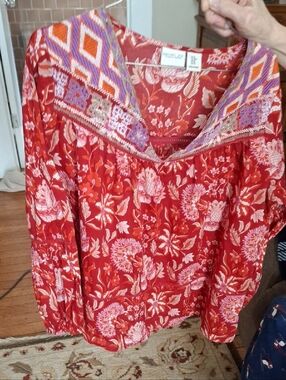 RACHEL ZOE Red Floral Boho Embroidered V-Neck Blouse